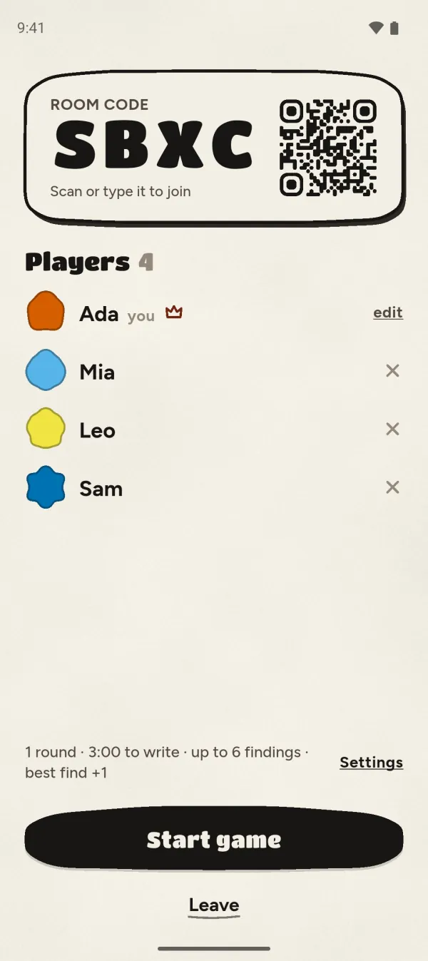 The host's lobby: the room code, a QR code to scan, and four players: Ada, Mia, Leo and Sam.