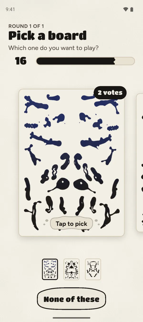 Choosing a board: a fresh indigo ink blot with two votes, the next board peeking in, and thumbnails of all three.