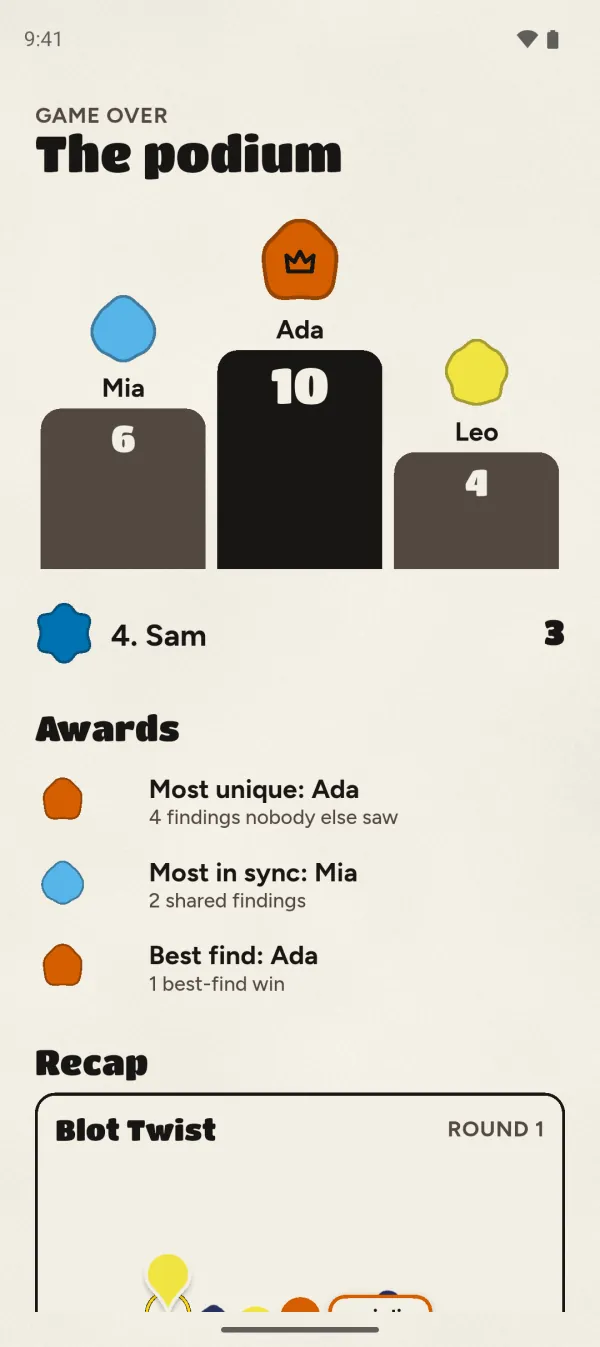 Game over: a podium with Ada, Mia and Leo, and awards like Most unique and Best find.