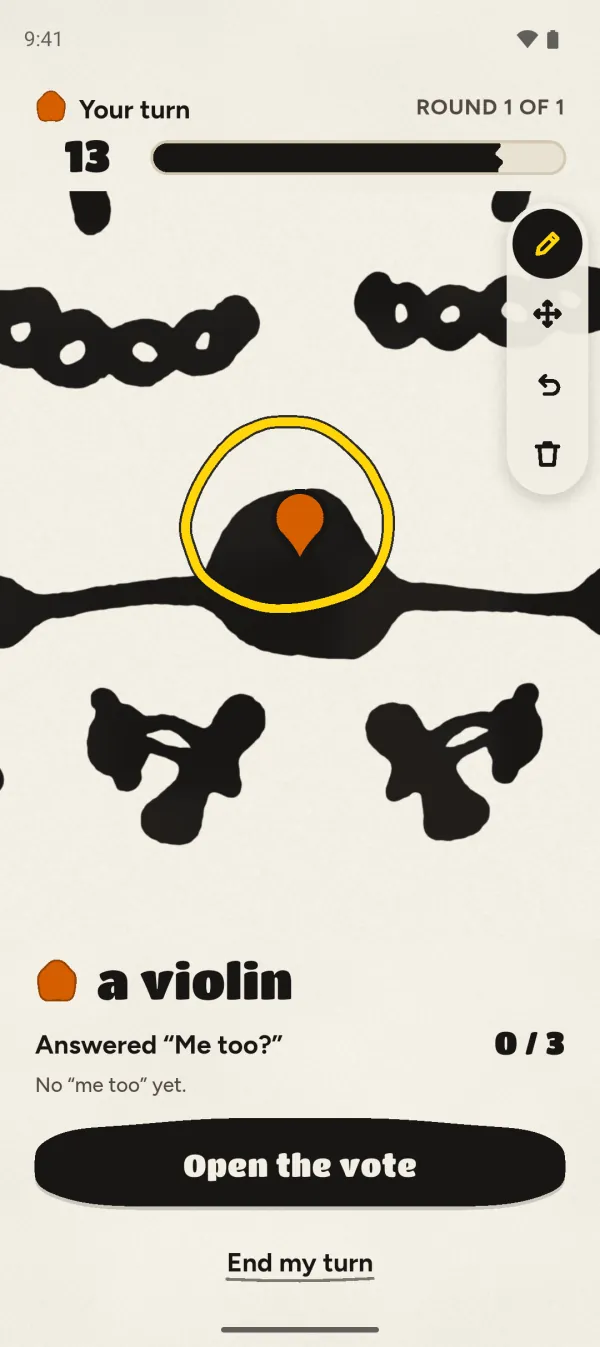 Blot Twist on a phone: the presenter zoomed in on their pin, circled with yellow highlighter, and the finding “a violin” in big type.