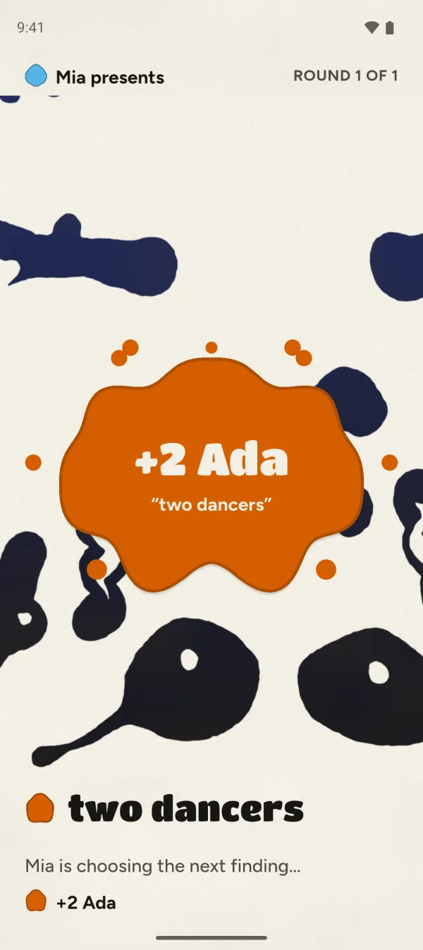 A big orange “+2 Ada” ink splat over the board for “two dancers”.