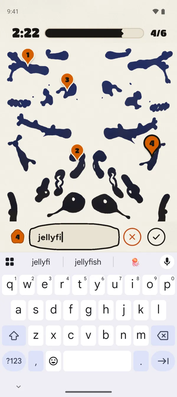 Writing: numbered pins on the ink blot and a new finding, “jellyfi”, being typed.